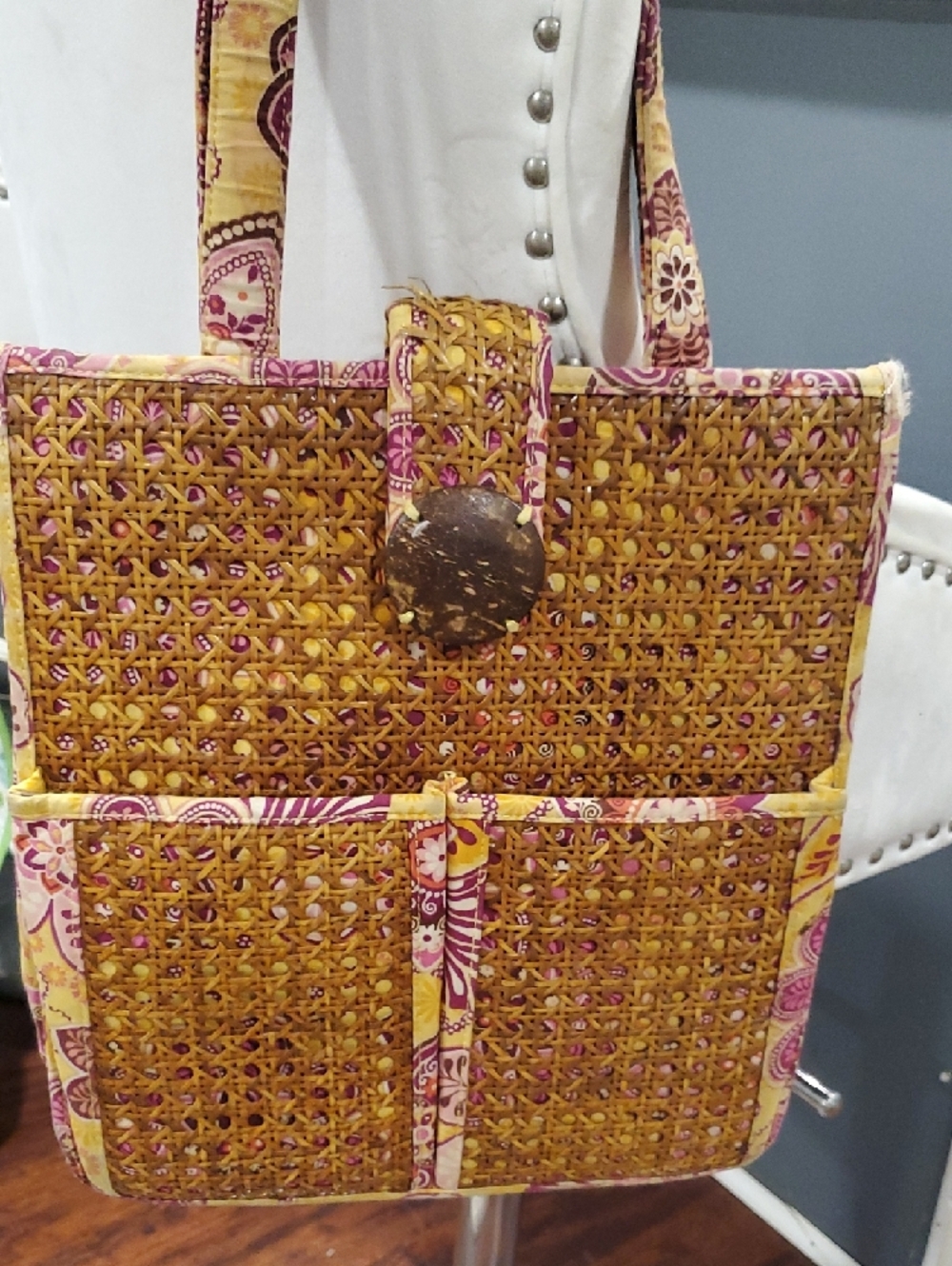 Vera Bradley Woven Rattan Tote with Pink & Yellow Paisley Trim - Picture 16 of 16